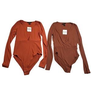 BUNDLE (2) Forever 21 V-Neck Long Sleeve Bodysuit Size Small NEW Casual Party